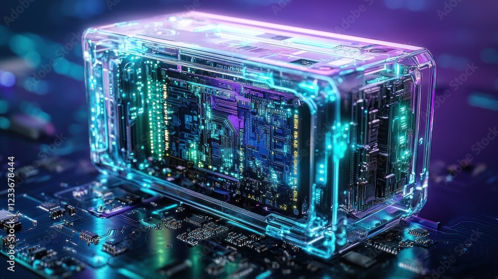 Poster futuristic device on circuit board background
