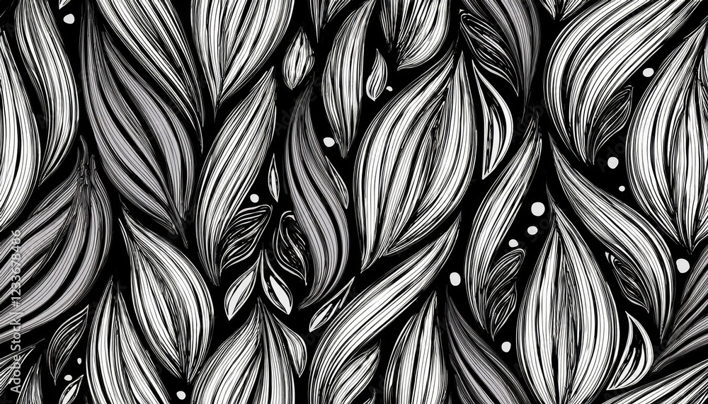 Aufkleber monochrome abstract floral backdrop seamless vector pattern with intricate leaves and whimsical curl