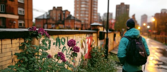 Urban Graffiti Wall  Cityscape  Person Walking  Flowers  Evening