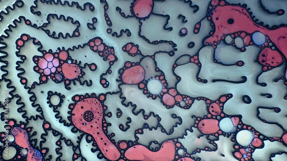 Poster abstract macro shot of colorful liquid patterns with black outlines and bubbles