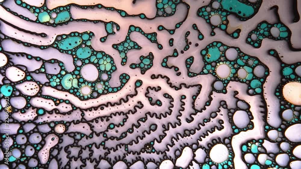 Poster abstract macro shot of colorful liquids mixing, forming intricate patterns and bubbles