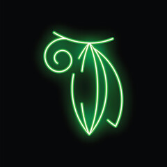 Green neon sign illustrating three leaves with a swirl on a black background