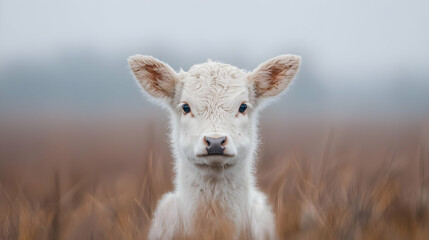 White calf in wheat field, foggy morning, rural scene, farm animal