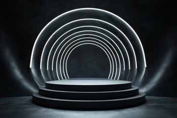 Naklejka premium Shadowy surroundings and glowing light rings envelop a circular podium in matte gray, creating an ambient effect.