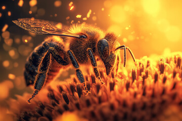 Naklejka premium A stunning macro photograph of a bee collecting pollen from a bright sunflower.
