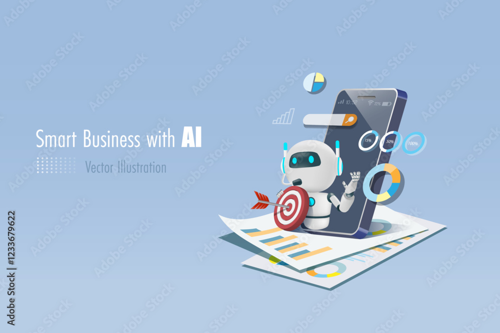 Poster ai artificial intelligence robot holding marketing target on smartphone with business analyzing repo