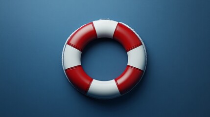 Minimalist vector red and white life rescue buoy, clean solid blue background 