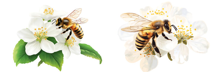 Set of a, Honey bee on a white flower, isolated on a transparent background.