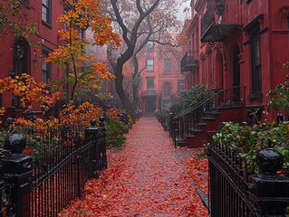 A serene autumn pathway lined with red-brick buildings and vibrant fall foliage.