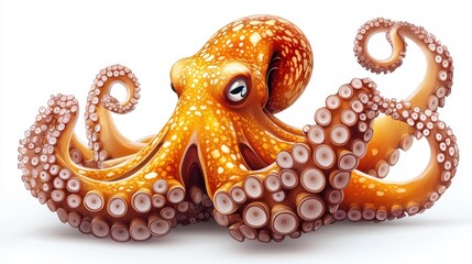 Obraz premium A vibrant orange octopus with detailed tentacles on a white background.