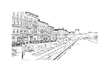 Print Building view with landmark of Bydgoszcz Poland. Hand drawn sketch illustration in vector.
