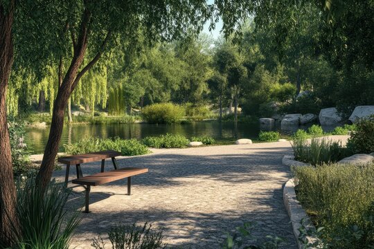 Peaceful park bench by pond, sunlit path, lush trees