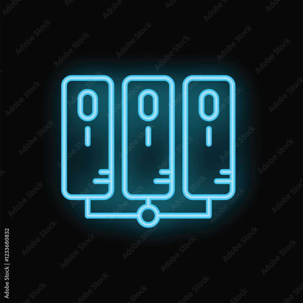 Poster neon servers network icon glowing on dark background representing concept of data storage