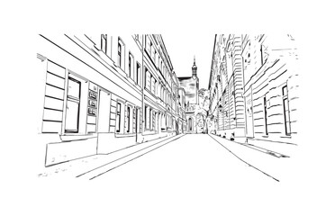 Print Building view with landmark of Bydgoszcz Poland. Hand drawn sketch illustration in vector.
