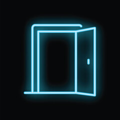 Bright blue neon sign of a door standing open on a black background