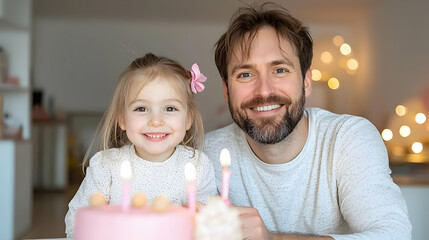 Father and daughter celebrate birthday with cake