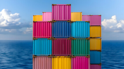 Obraz premium Colorful shipping containers at sea, sunny day. Global trade, logistics