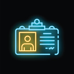 Bright neon icon of an id card hanging on a lanyard, glowing on a dark background