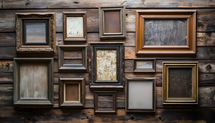 Fototapeta premium Antique picture frames arranged on a rustic wooden wall
