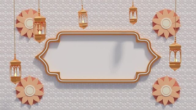 Beautiful 3D animation of an Islamic decoration background featuring an ornate Arabic window frame surrounded by intricate geometric patterns, gold accents, and warm ambient lighting.