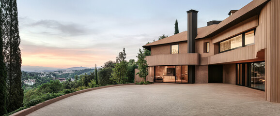 Fototapeta premium Modern villa with stunning sunset view in hillside location
