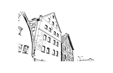 Print Building view with landmark of Bydgoszcz Poland. Hand drawn sketch illustration in vector.