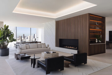 Stylish modern living room with city view and luxurious design details