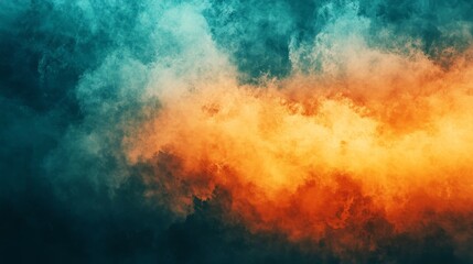 Dramatic sky with fiery orange and teal clouds. The colors blend together creating a vibrant and intense atmosphere. 