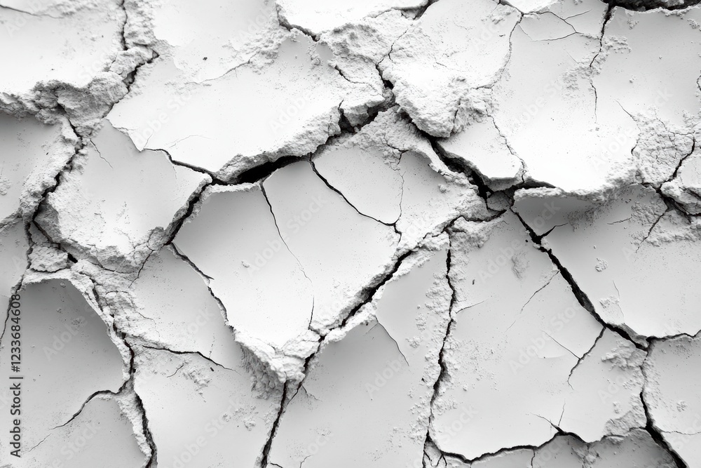 Poster A close-up view of cracked plaster with a white background, highlighting the intricate patterns and textures formed over time due to aging and environmental factors.