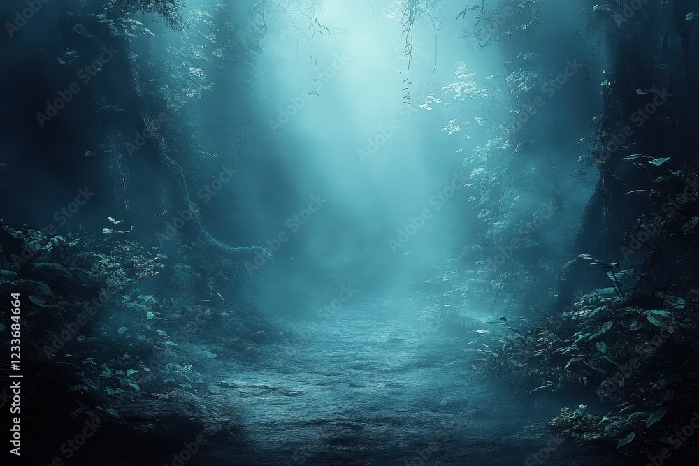 Poster a misty forest path illuminated by soft light, creating a mysterious atmosphere.