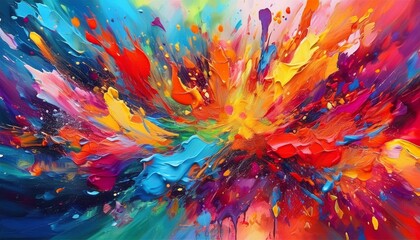 Vibrant paint splashes and brush strokes creating an explosion of color on a canvas, art