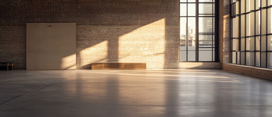 Bright sunlight fills an empty modern space in an urban setting during the golden hour