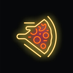 Bright neon sign showing a pizza slice with motion lines on a black background