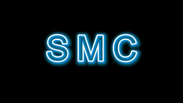 "SMC" concept meaning neon Text isolated Black Background. Trading words for business concept.