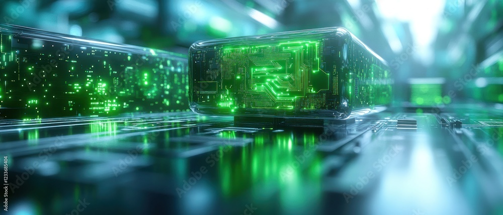 Poster green circuit board with glowing elements in tech lab