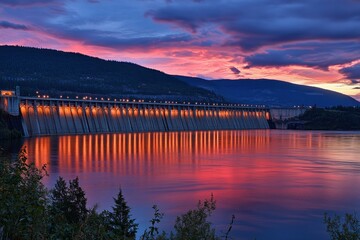 Obraz premium Scenic sunset view of a hydroelectric dam reflecting vibrant colors in a calm river, surrounded by lush greenery and mountains under a dramatic sky
