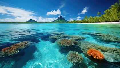 Stunning Azure Crests A Close Encounter with the Dazzling South Pacific Oceans Turquoise Waves, Offering a Glimpse into the Breathtaking Vista of Marine Life and Island Paradise.