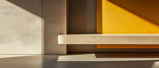 Modern architectural interior showcasing a concrete shelf and vibrant wall design