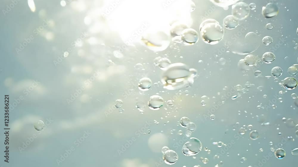 Poster tilt up video of bubbles floating gently upwards, reflecting light and creating iridescent patterns,
