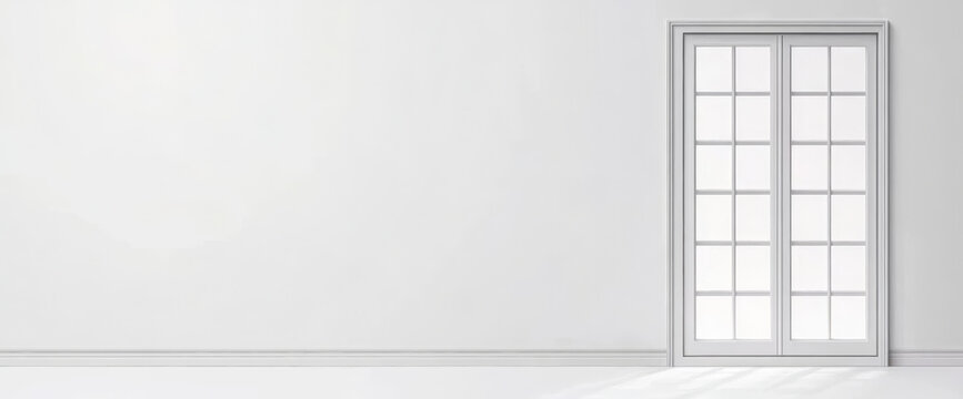 Elegant white room with double doors leading to a bright exterior