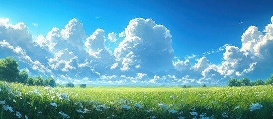 Fototapeta premium Sunny field, fluffy clouds, summer, idyllic
