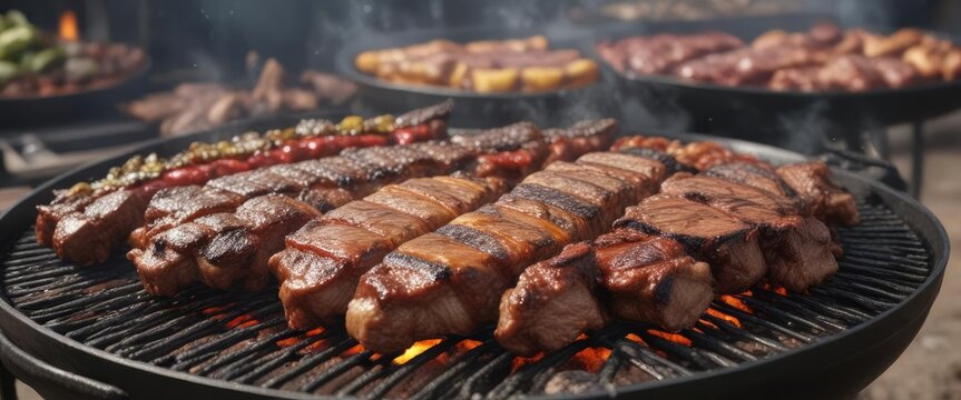 Sizzling charcoal grill with ribs, chorizo, and chinchulines sizzling in the background, Argentine cuisine, sizzling