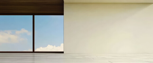 Bright empty room with large window showcasing blue sky and clouds in daylight