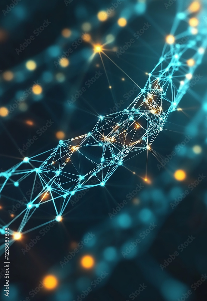 Poster abstract chain of particles in a blue and orange background close-up of a glowing blue chain with re
