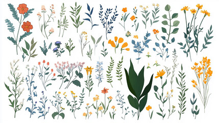 Flowers, leaves, branches, and wreaths comprise a floral set set of botanic blossom floral elements. Branches, leaves, herbs, wild plants and flowers. 
