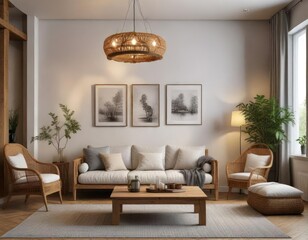 Rustic wooden sofa under chic wicker chandelier in cozy Scandinavian living room, comfort, relaxing, natural materials, home decor