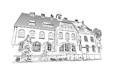 Print Building view with landmark of Bydgoszcz Poland. Hand drawn sketch illustration in vector.