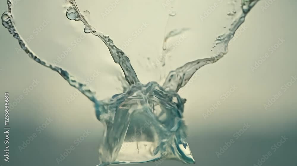 Poster static video with a focus pull from a blurred background to a sharp, defined liquid splash, soft lig