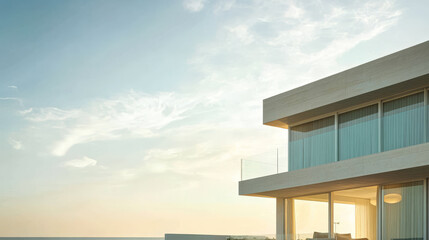 Modern coastal home with large windows and sunset view over the ocean