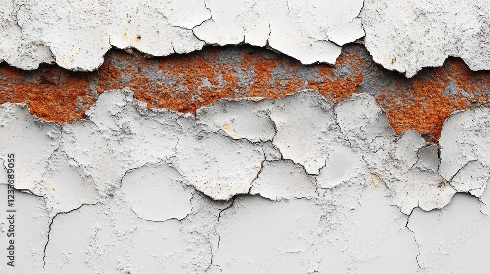 Poster a close-up view of peeling paint revealing rust underneath, showcasing the effects of age and weathe